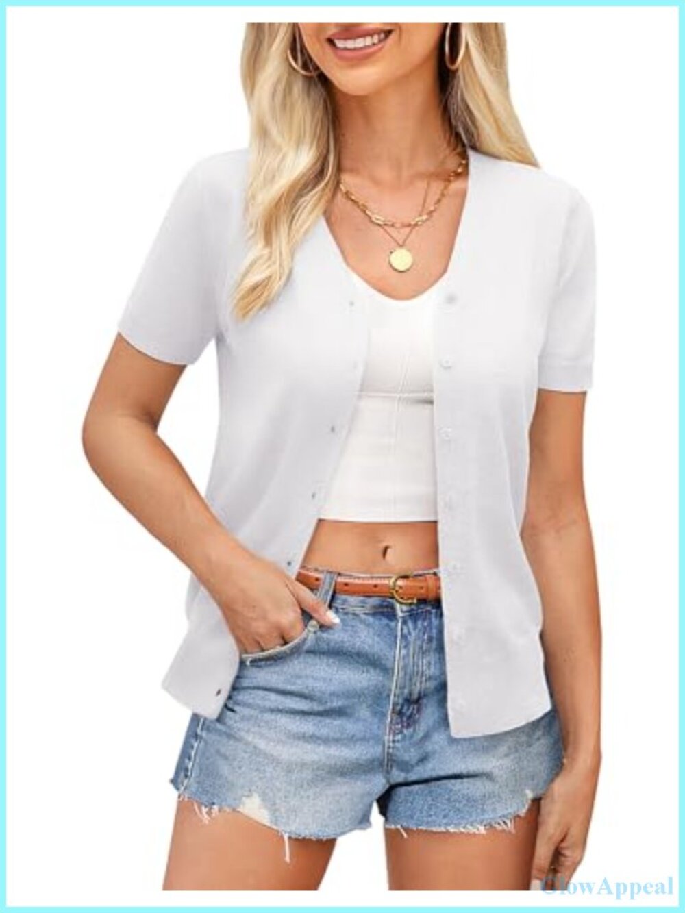 Lightweight Knit V-Neck Cardigan with Short Sleeves, Button Down, Ribbed Trim